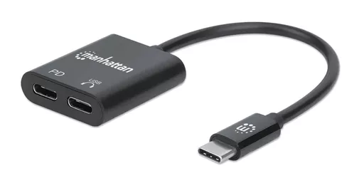 Manhattan USB-C to USB-C Audio Adapter and USB-C (inc Power Delivery) (Clearance Pricing), Black, 480 Mbps (USB 2.0), Cable 11cm, With Power Delivery to USB-C Port (60W), Three Year Warranty, Retail Box