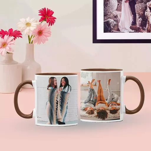 Personalised Brown Coloured Inside Mug with 2 Photos and Text