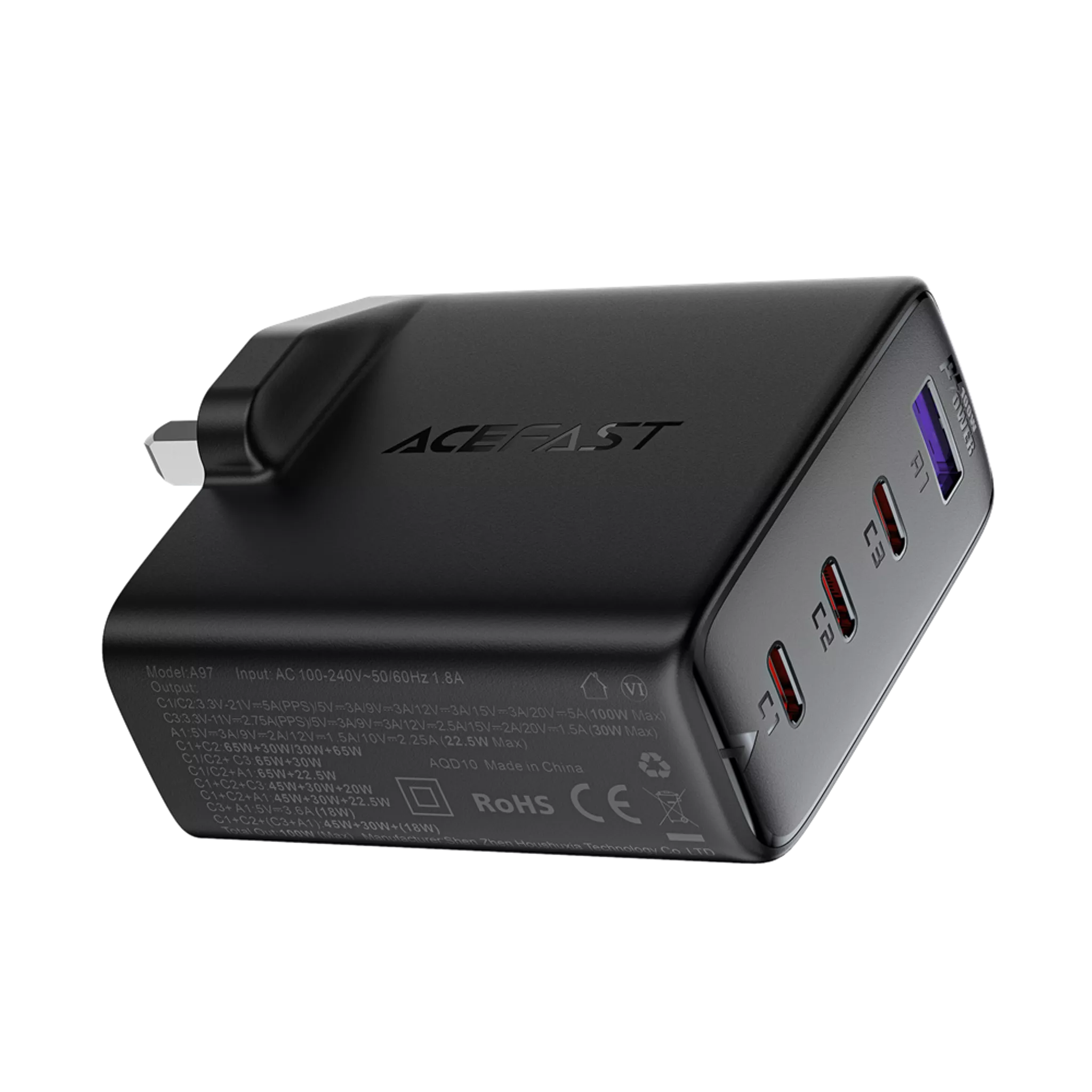 100W GaN Triple USB-C & USB Power Delivery 3-Pin UK Charging Plug in Default