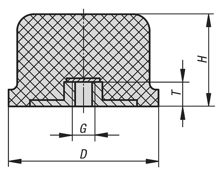 Rubber Metal Buffer. Anti Vibration Mount. 50mm Diameter. 35mm High. M10 Thread. Steel.