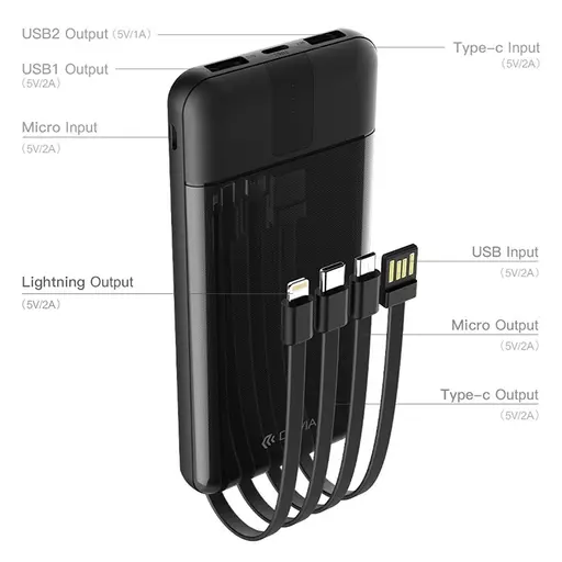 Devia - 10,000mAh Powerbank & USB, Lightning, MicroUSB & USB-C Cable - Black