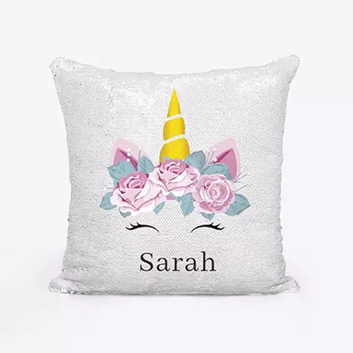 Personalised name sequin cushion. unique surprise reveal gift