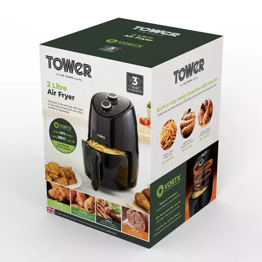 Tower T17087 Vortx Compact Air Fryer, 2L, 1000W, Black, New & Sealed  5056462309910