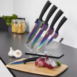 TOWER Damascus Effect Kitchen Knife Set with Stainless Steel Blades and  Acrylic Stand, 5 Piece, Mirror Black 5 Piece