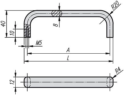 Pull Handle. Aluminium. 55mm Hole Centres. M5 Thread. Natural.
