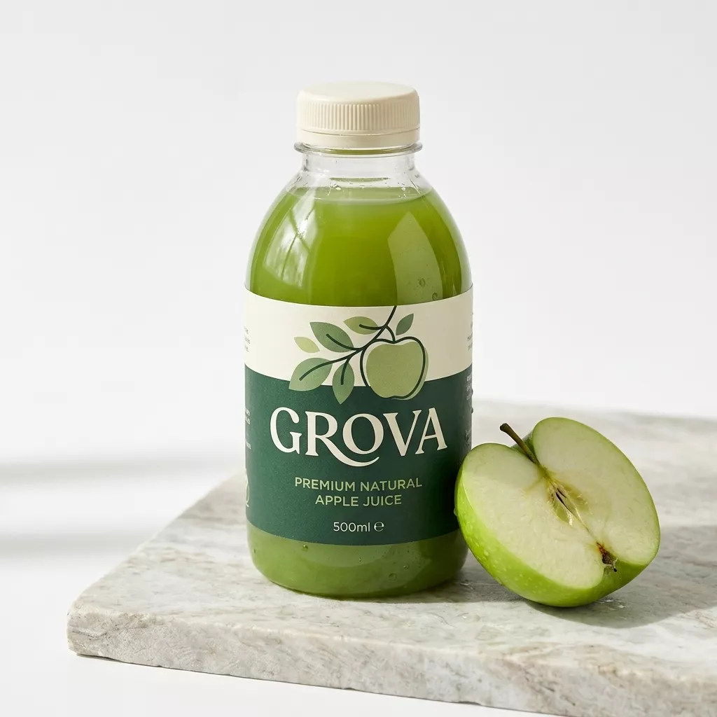 Full colour printed label on 500ml round PET juice bottle for Grova juice brand